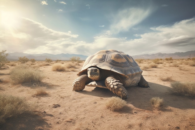 Uma tartaruga bonita no deserto.