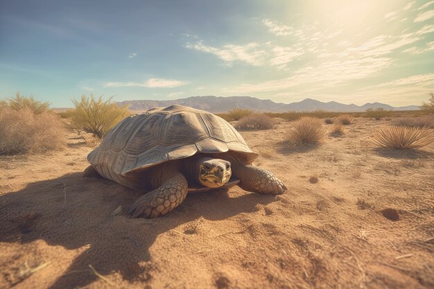 Uma tartaruga bonita no deserto.