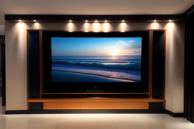 Uma tela grande com as palavras home theater