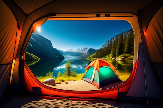 Foto grátis uma tenda com vista para um lago e montanhas