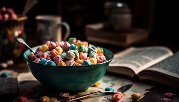 Foto grátis uma tigela de cereal com uma xícara de café em uma mesa ao lado.