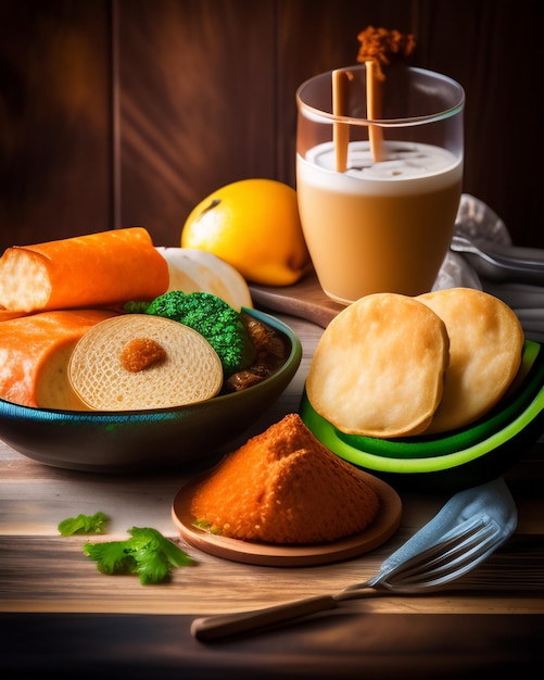 Uma tigela de comida com um copo de suco de laranja e um copo de suco de laranja.