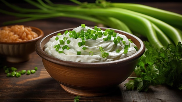 Foto grátis uma tigela de creme azedo fresco coberto com cebolas verdes vibrantes em uma mesa rústica