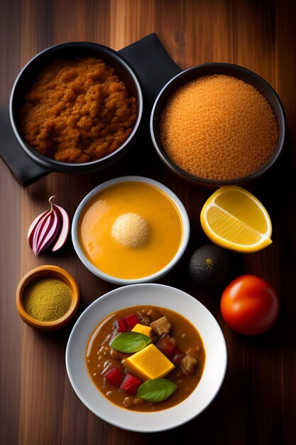 Uma tigela de curry com uma tigela de curry e outros alimentos.
