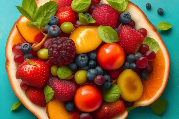 Uma tigela de frutas com a palavra fruta