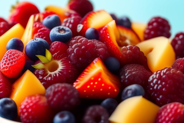 Uma tigela de frutas com cores diferentes, incluindo azul, vermelho e amarelo.