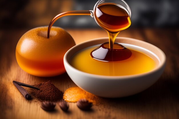 Uma tigela de mel sendo despejada em uma tigela com uma laranja ao lado.