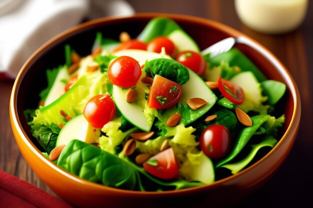 Uma tigela de salada com pepino, espinafre e sementes de girassol.