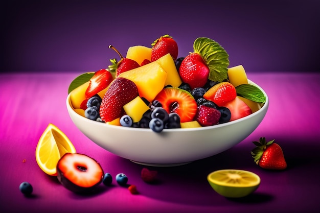Uma tigela de salada de frutas com fundo roxo