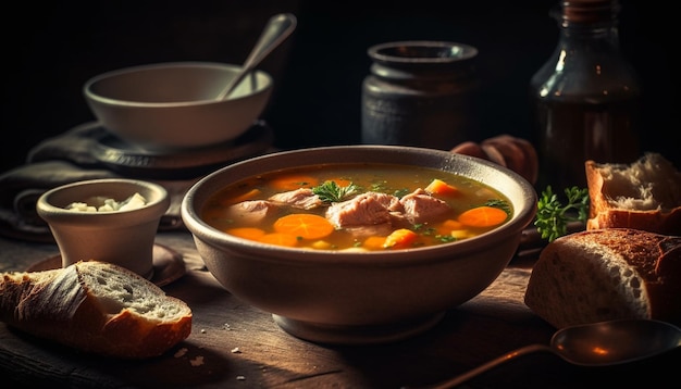 Uma tigela de sopa com cenoura e carne ao lado