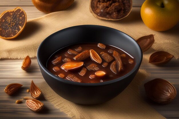 Foto grátis uma tigela de sopa com cenoura e nozes em uma mesa