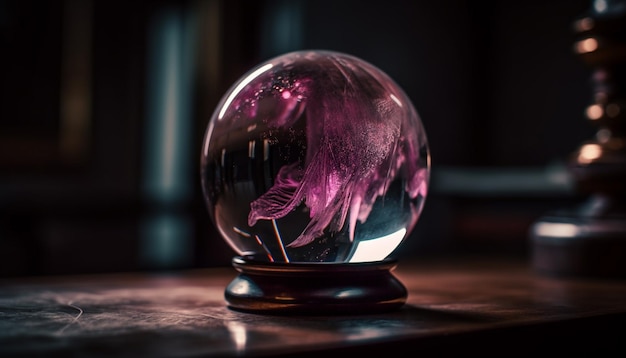 Uma única esfera de cristal brilhando na mesa gerada por IA