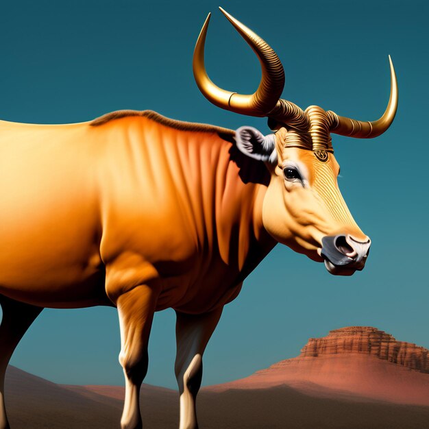 Uma vaca amarela com chifres fica em uma paisagem desértica.