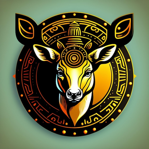 Foto grátis uma vaca amarela e preta com uma cabeça em um círculo com símbolos nela.