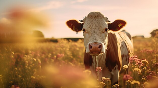 Uma vaca num campo com flores