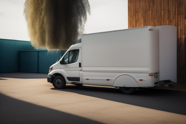 Uma van branca está estacionada em uma garagem com a palavra ford na lateral.