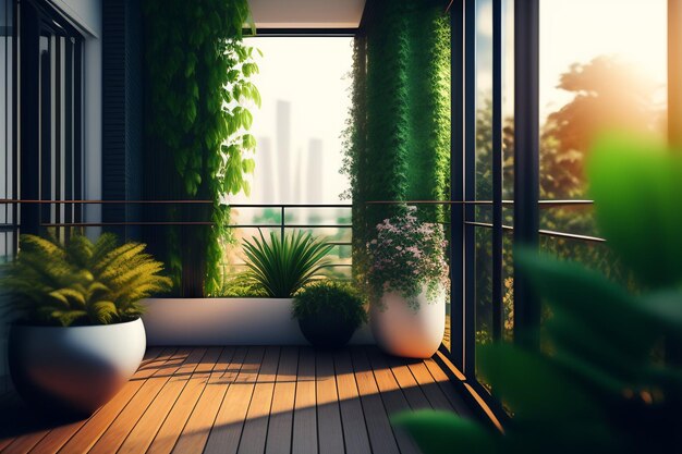 Uma varanda com plantas na varanda