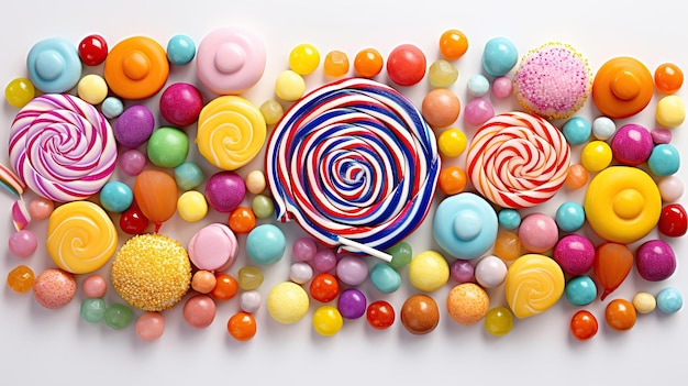 Foto grátis uma variedade de doces coloridos, chocolates e pirulitos se arranja brincalhão em um mosaico contra um fundo branco