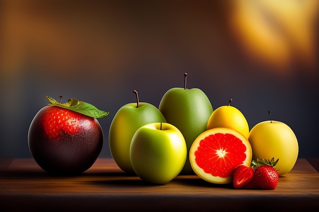 Uma variedade de frutas em uma mesa com fundo amarelo