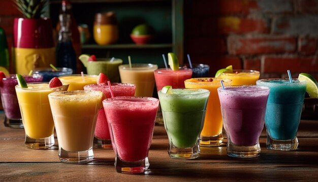 Uma variedade de smoothies está alinhada em um balcão de bar.