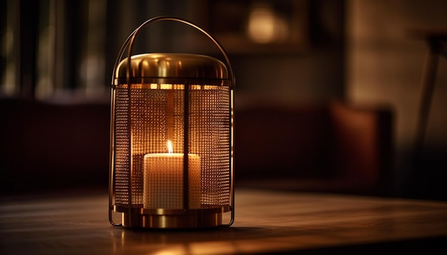 Uma vela em uma lanterna sobre uma mesa