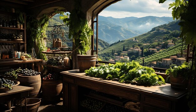 Uma vinícola rústica nas montanhas cercada por vinhedos verdes gerados por inteligência artificial
