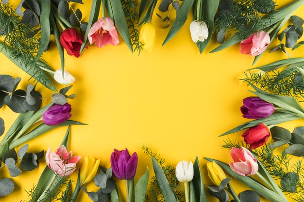 Uma visão aérea do quadro de tulipas coloridas no pano de fundo de superfície amarelo