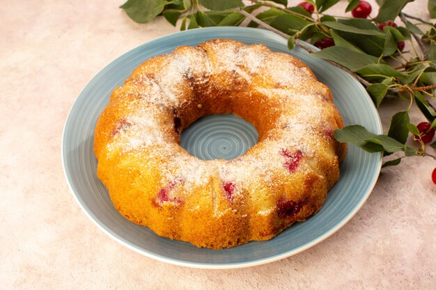 Foto grátis uma vista superior assada de bolo de frutas delicioso redondo com cerejas vermelhas dentro e açúcar em pó dentro de uma placa azul redonda rosa