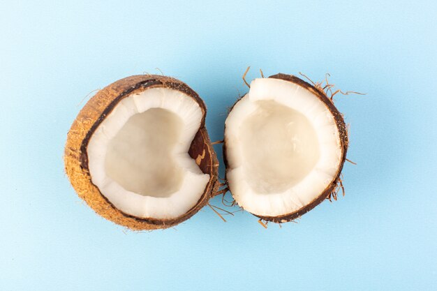 Uma vista superior coco nozes em fatias leitosas maduras frescas isoladas no azul gelado