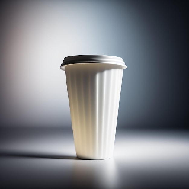 Uma xícara de café branca com uma tampa que diz café