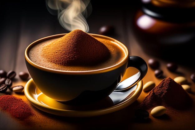 Uma xícara de café com grãos de café ao fundo
