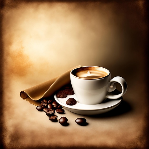 Uma xícara de café com um guardanapo marrom ao lado e um papel marrom que diz café