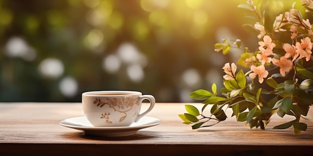 Uma xícara de café em foco com um quarto aconchegante ao fundo