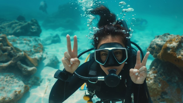 Foto grátis underwater portrait of scuba diver exploring the sea world