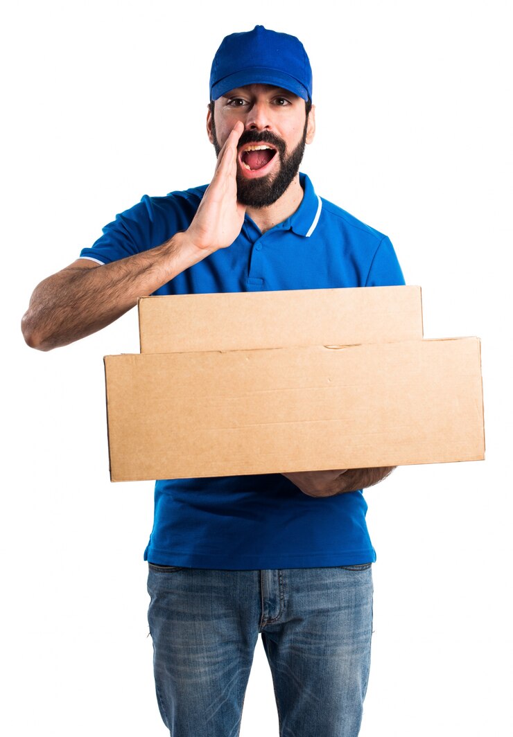 Foto grátis uniforme, bonito, trabalhador, entregar, homem