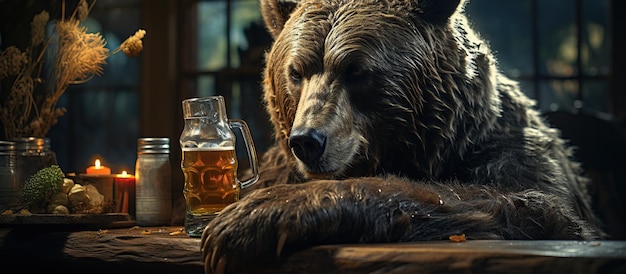 Urso pardo com um copo de cerveja em uma mesa em um pub