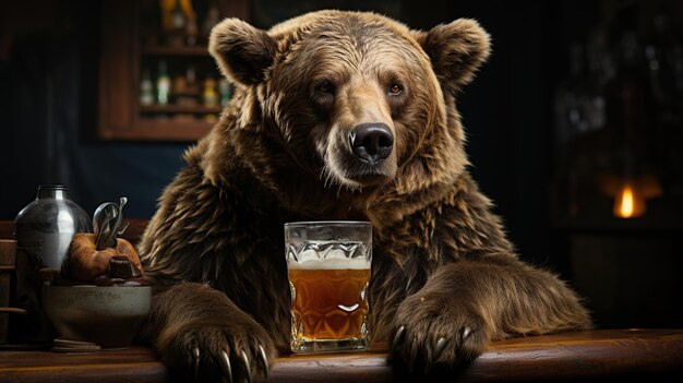 Urso pardo com um copo de cerveja em uma mesa em um pub