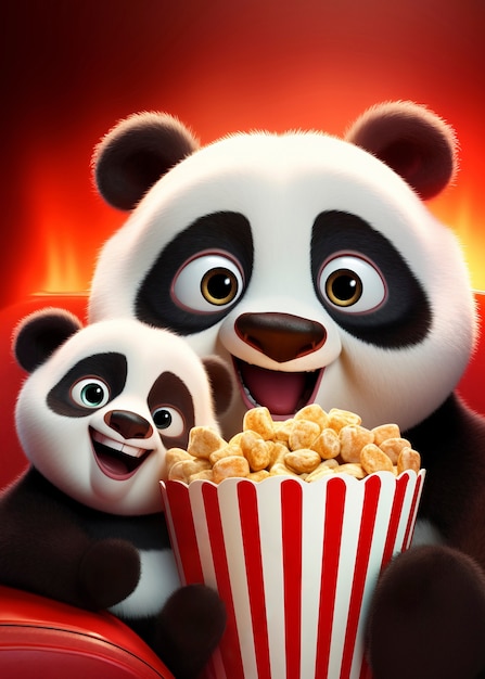 Ursos panda no cinema vendo um filme com pipoca