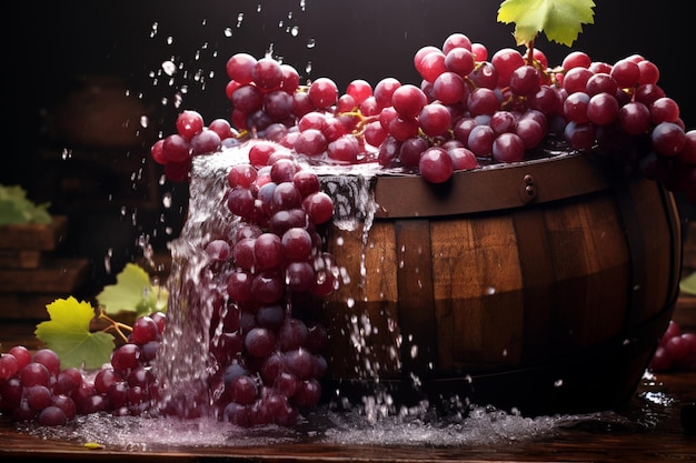 Uvas em um barril de vinho fazendo banners de perto