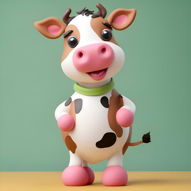 Vaca de desenho animado com um sorriso no rosto em pé sobre um fundo verde