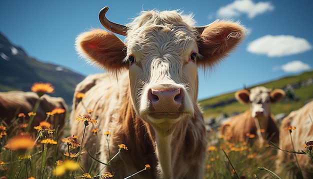 Foto grátis vaca fofa pastando em prados verdes apreciando a beleza da natureza gerada pela inteligência artificial