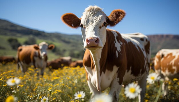 Vacas pastando em um prado verde uma cena rural pitoresca gerada por inteligência artificial