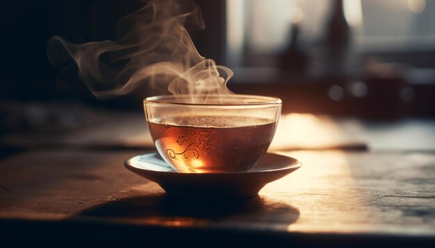 Vapores de café quente em mesa de madeira dentro de casa gerados por IA