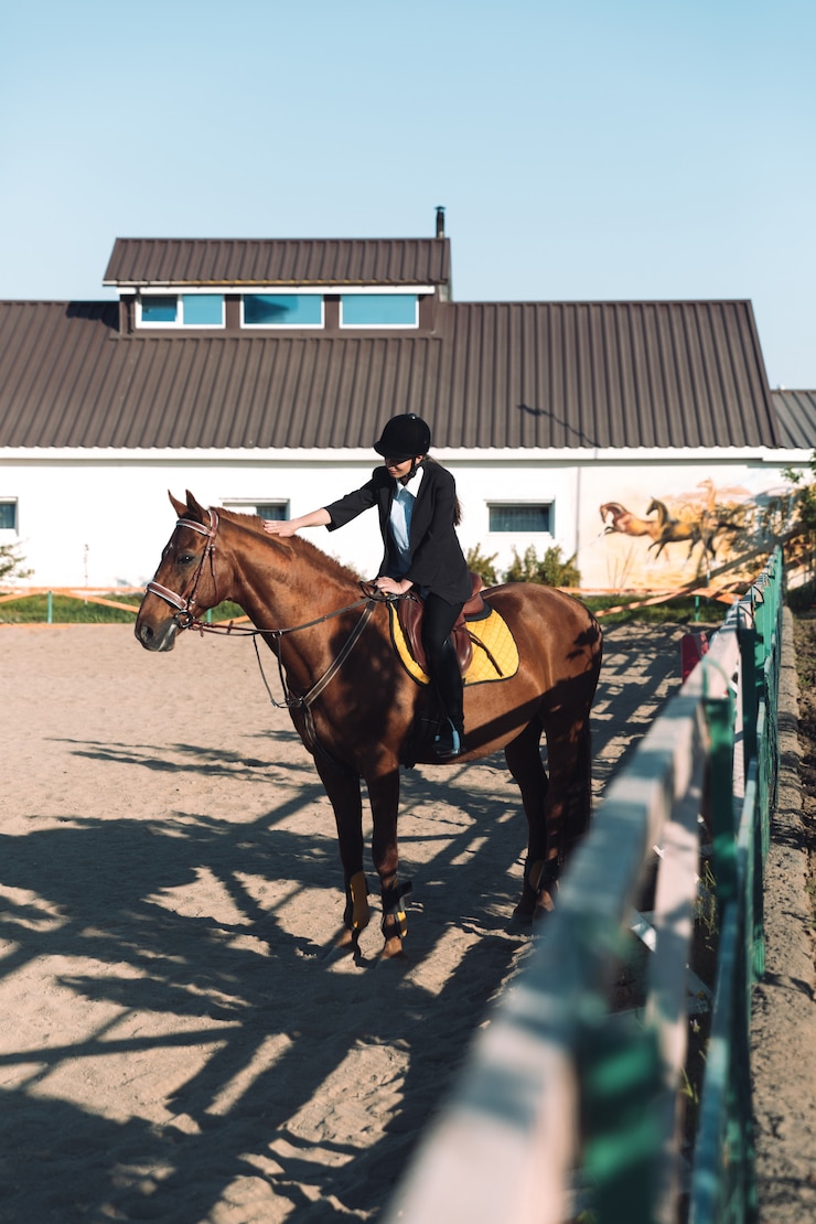 Foto grátis vaqueira nova surpreendente que senta-se no cavalo ao ar livre