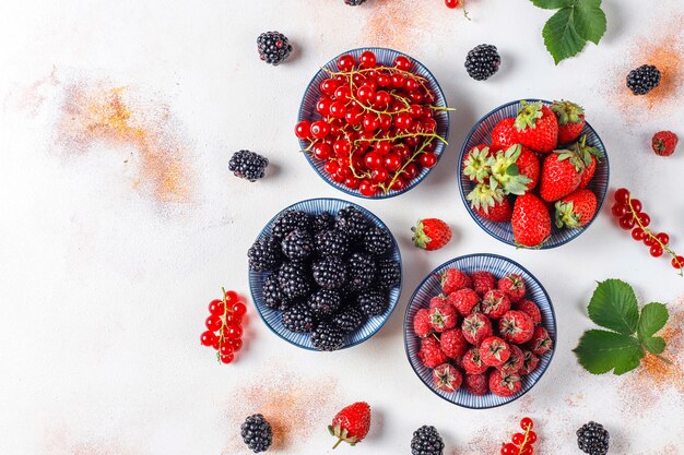 Várias frutas frescas no verão, mirtilos, groselha, morangos, amoras, vista superior.
