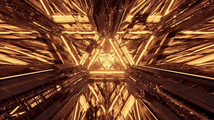 Foto grátis várias luzes formando padrões triangulares e fluindo para a frente atrás de um fundo escuro