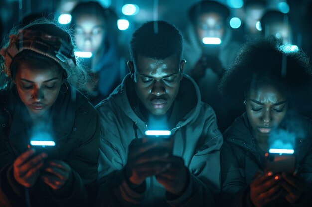 Várias pessoas viciadas nos seus dispositivos inteligentes a percorrer e a olhar para os seus ecrãs.