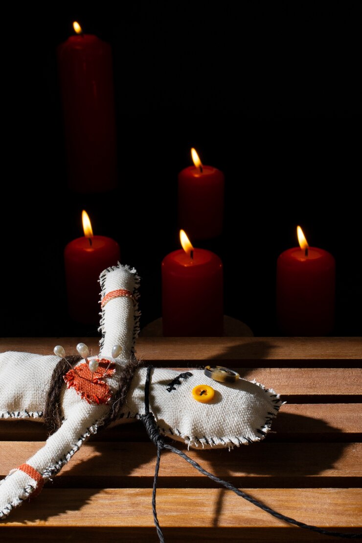 Foto grátis variedade de bonecas de vodu de alto ângulo e velas