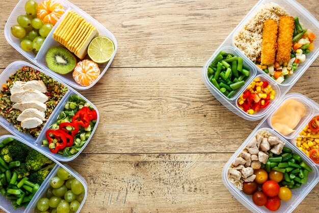 Variedade de comida em lote cozida na mesa com espaço de cópia