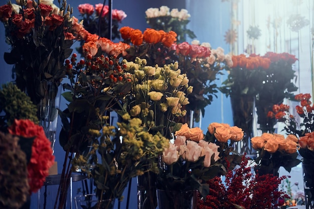 Variedade de diferentes rosas e outras lindas flores na floricultura.